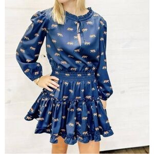 Sincerely Ours Freya  Navy Blue Tiger Print Ruffle Mini Dress Small